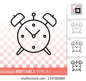 Alarm Clock thin line icon. Outline web sign of alert. Watch linear pictogram with different stroke width. Simple vector symbol, transparent background. Alarm clock editable stroke icon without fill