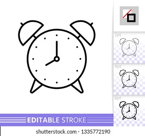 Alarm Clock thin line icon. Time banner in flat style. Watch poster. Linear pictogram. Timer Simple illustration, outline symbol. Vector sign isolated on white. Editable stroke icons without fill