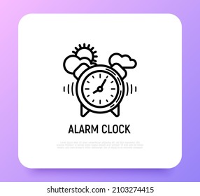 Thin-line-Symbol der Weckuhr: Uhr und Sonnenaufgang. Moderne Vektorgrafik.