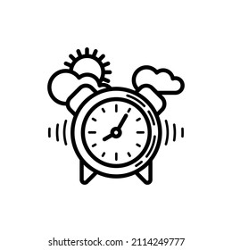 Alarm clock thin line icon: clock and sunrise. Modern vector illustration.