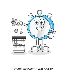 alarm clock Throw garbage in trash can mascot. cartoon vector