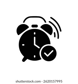 Alarm Clock with Tick and Wave Lines Black Filled Icon