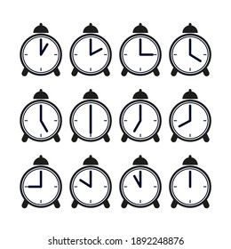 Alarm clock with the time from 01 o'clock to 12 o'clock. Set.  Vector isolated on a white background.