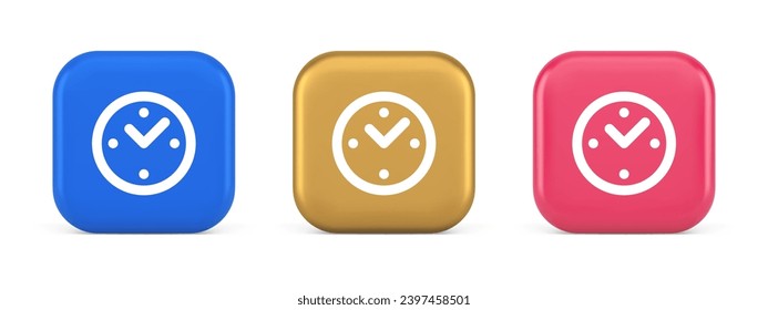 Alarm clock time countdown button deadline measurement 3d realistic blue gold and pink icons. Round timer with arrow for hours minute accuracy checking user interface web app design