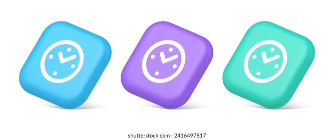 Alarm clock time countdown button deadline measurement 3d realistic blue purple and green icons. Round timer with arrow for hours minute accuracy checking user interface web app design