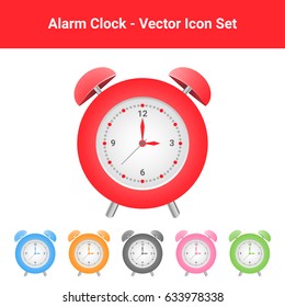 Alarm clock and time icon design. Set of round wall clock with red, blue, orange, black, pink, green color bodies