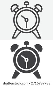 Icono de la hora del reloj despertador establecido en estilo diferente. Versiones de contorno de línea e icono sólido. Signo y Vector de trazo editables. Icono de reloj para la interfaz de usuario de programación y recordatorio.