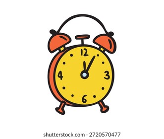 Reloj despertador, tiempo para estudiar, doodle escolar colorido, dibujado a mano. Ilustración vectorial.