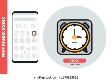 Alarm clock or timer application icon for smartphone, tablet, laptop or other smart device with mobile interface. Simple color version. Contains free bonus icons