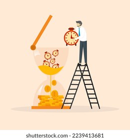alarm clock and timer into the glass of sand falling to cash back profit, retirement pension fund concept, businessman investors put time pieces, clock, Time is money, long term return on investment.