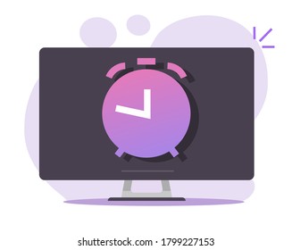 Alarm clock timer online vector as deadline or wake up reminder on desktop computer pc screen flat cartoon illustration, electronic digital time stopwatch icon modern
