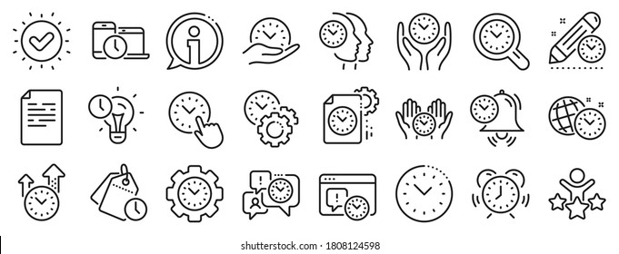 Wecker, Timer Plan und Projektzeitzeichen. Symbole der Zeitsteuerung. Countdown-Uhr, Zeitprotokoll und Terminerinnerungssymbole. Die Leute arbeiten, beobachten und Bürozeitgeber. Vektorgrafik