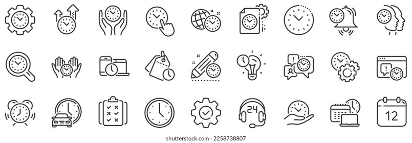 Wecker, Timer Plan und Projektzeitzeichen. Symbole der Zeitsteuerung. Countdown-Uhr, Zeitprotokoll und Terminerinnerungssymbole. Die Leute arbeiten, beobachten und Bürozeitgeber. Vektorgrafik