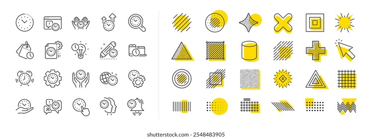 Alarm clock, timer plan and project deadline signs. Design shape elements. Time management line icons. Countdown clock, time log and appointment reminder icons. Vector