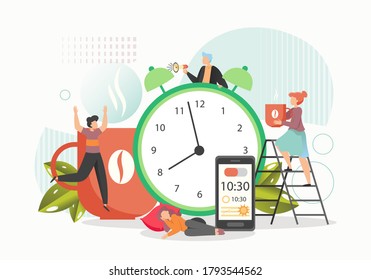 Alarm clock, tiny characters sleeping, awaking, drinking coffee, vector flat illustration. Alarm clock reminder mobile phone app. Office activity and break reminder, wake up alarms and sleep timers.