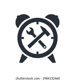 Alarm clock and tools. Time to change your settings. System update. Vector icon isolated on white background.