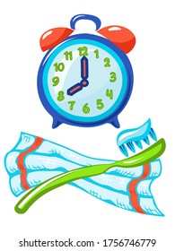 Alarm clock, toothbrush with paste, towel. On white background.