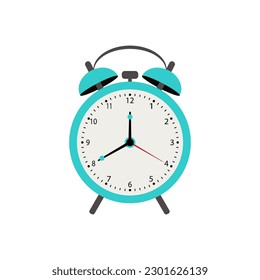 The alarm clock is turquoise on a white background. Vector image.