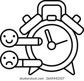 A alarm clock with two smiling faces on the left
