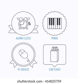 Alarm clock, USB flash and PC mouse icons. Piano linear sign. Award medal, star label and speech bubble designs. Vector