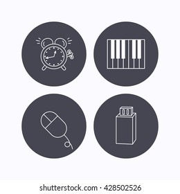 Alarm clock, USB flash and PC mouse icons. Piano linear sign. Flat icons in circle buttons on white background. Vector