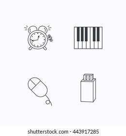 Alarm clock, USB flash and PC mouse icons. Piano linear sign. Flat linear icons on white background. Vector