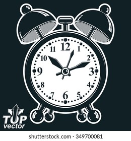 Alarm clock vector 3d black and white illustration, wake up conceptual icon. Graphic dimensional clock with clang bells. Retro 