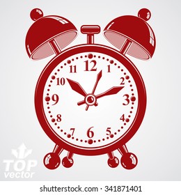 Alarm clock vector 3d illustration, wake up conceptual icon. Graphic dimensional clock with clang bells isolated on white background. 