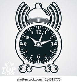Alarm clock vector 3d monochrome illustration with podcast sign, wake up conceptual icon. Graphic retro three-dimensional clock with clang bell isolated on white background.