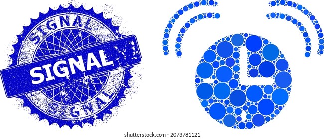 Alarm clock vector composition of round dots in various sizes and blue color tints, and scratched Signal stamp. Blue round sharp rosette badge has Signal tag inside it.