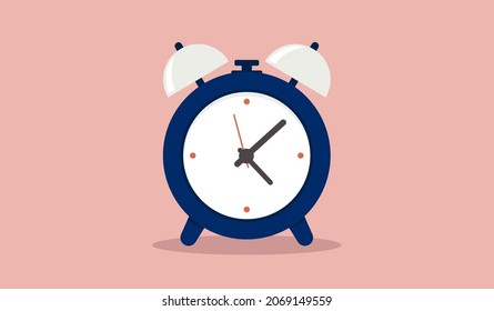 Vector de reloj de alarma - Reloj de despertar azul oscuro sobre fondo de coral. Diseño plano.