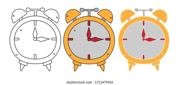 alarm clock vector design. black and white. digital hand drawn. grain texture