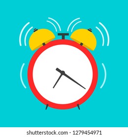 Alarm clock vector front view flat icon. Work time retro red round reminder