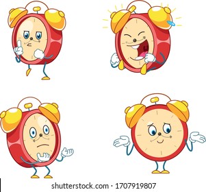 reloj despertador, gráficos vectoriales para niños, cuatro emociones diferentes: risas, no hagas ruido, no sé, malentendido