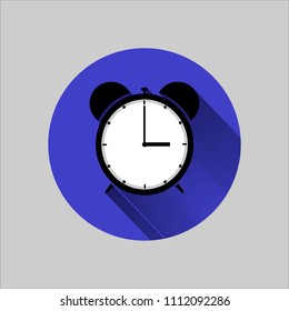 Alarm clock vector icon in a blue circle on a gray background. Black watch with white dial. Flat design. Simple alarm sign in retro style.