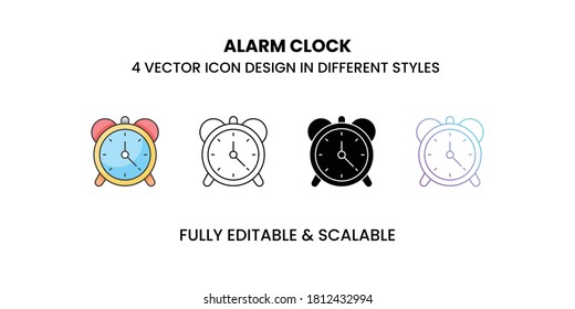 Alarm Clock vector icon in colored outline, flat, glyph, line and gradient