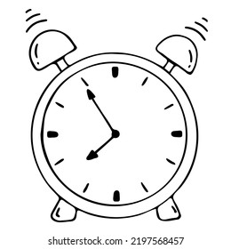 Icono del vector del reloj de alarma. Un doodle dibujado a mano. de vuelta a la escuela, la educación. ilustración en blanco y negro