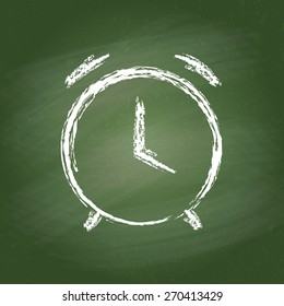 Alarm clock vector icon on chalk board. Chalk hand-drawn graphic style. Realistic vector EPS10 illustration.