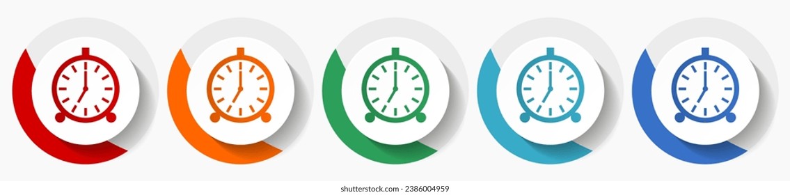 Alarm clock vector icon set, flat design colorful round icons in 5 color options for webdesign and mobile applications