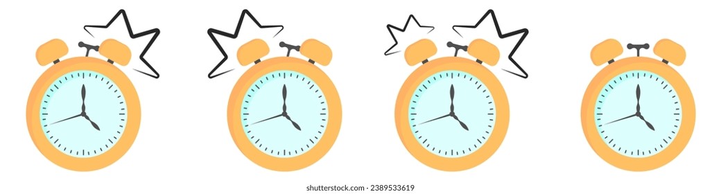 Alarm clock vector icon set. Set of clocks with a bell vector. Countdown beep icon. A set of alarm clocks in different styles. Vector illustration.