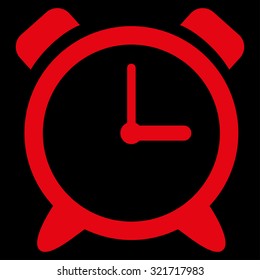 Alarm Clock vector icon. Style is flat symbol, red color, rounded angles, black background.