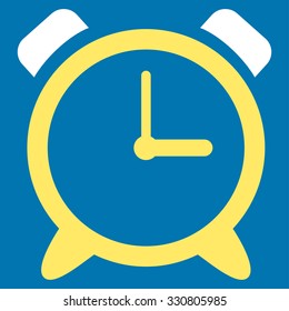 Alarm Clock vector icon. Style is bicolor flat symbol, yellow and white colors, rounded angles, blue background.