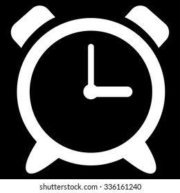 Alarm Clock vector icon. Style is flat symbol, white color, rounded angles, black background.