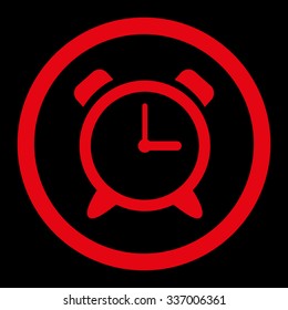 Alarm Clock vector icon. Style is flat rounded symbol, red color, rounded angles, black background.
