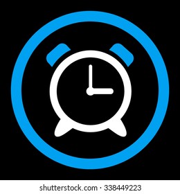 Alarm Clock vector icon. Style is bicolor flat rounded symbol, blue and white colors, rounded angles, black background.