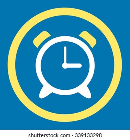 Alarm Clock vector icon. Style is bicolor flat rounded symbol, yellow and white colors, rounded angles, blue background.