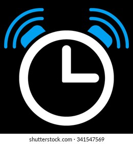 Alarm Clock vector icon. Style is bicolor flat symbol, blue and white colors, rounded angles, black background.