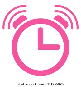 Alarm Clock vector icon. Style is flat symbol, pink color, rounded angles, white background.