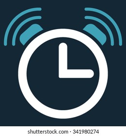 Alarm Clock vector icon. Style is bicolor flat symbol, blue and white colors, rounded angles, dark blue background.