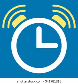 Alarm Clock vector icon. Style is bicolor flat symbol, yellow and white colors, rounded angles, blue background.